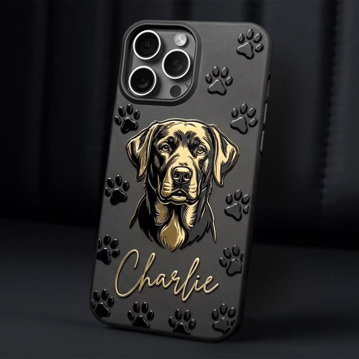 Custom 3D Pet Portrait Phone Case — Personalized Dog Art with Name & Paw Prints
