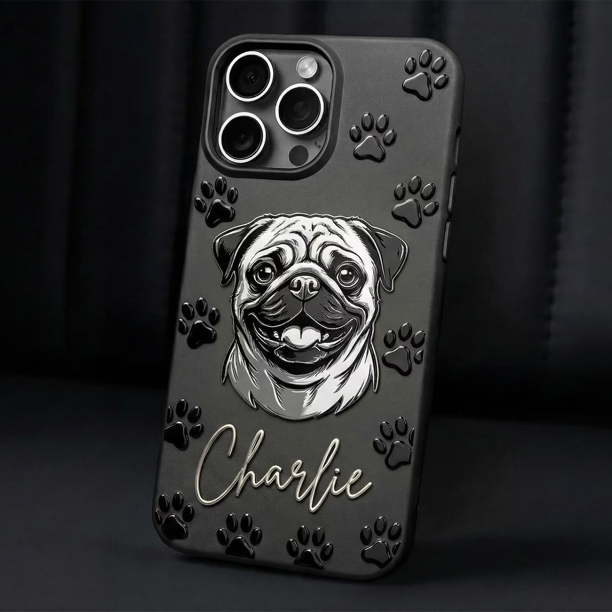 Custom 3D Pet Portrait Phone Case — Personalized Dog Art with Name & Paw Prints
