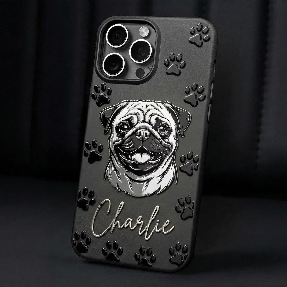 Custom 3D Pet Portrait Phone Case — Personalized Dog Art with Name & Paw Prints