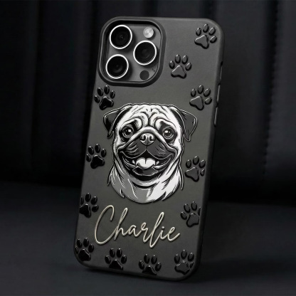 Custom 3D Pet Portrait Phone Case — Personalized Dog Art with Name & Paw Prints