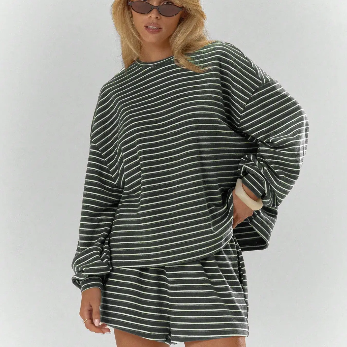 Women's Striped Lounge Set with Pocket Shorts