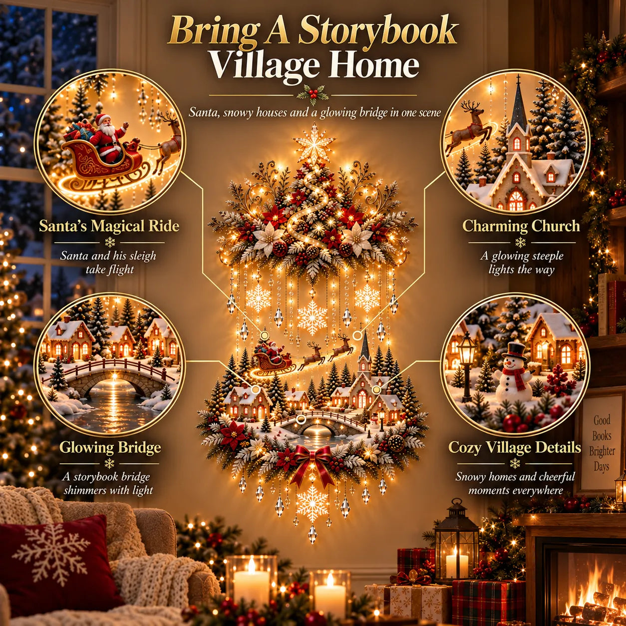 ✨ Illuminated Christmas Tree & Village Wall Hanging