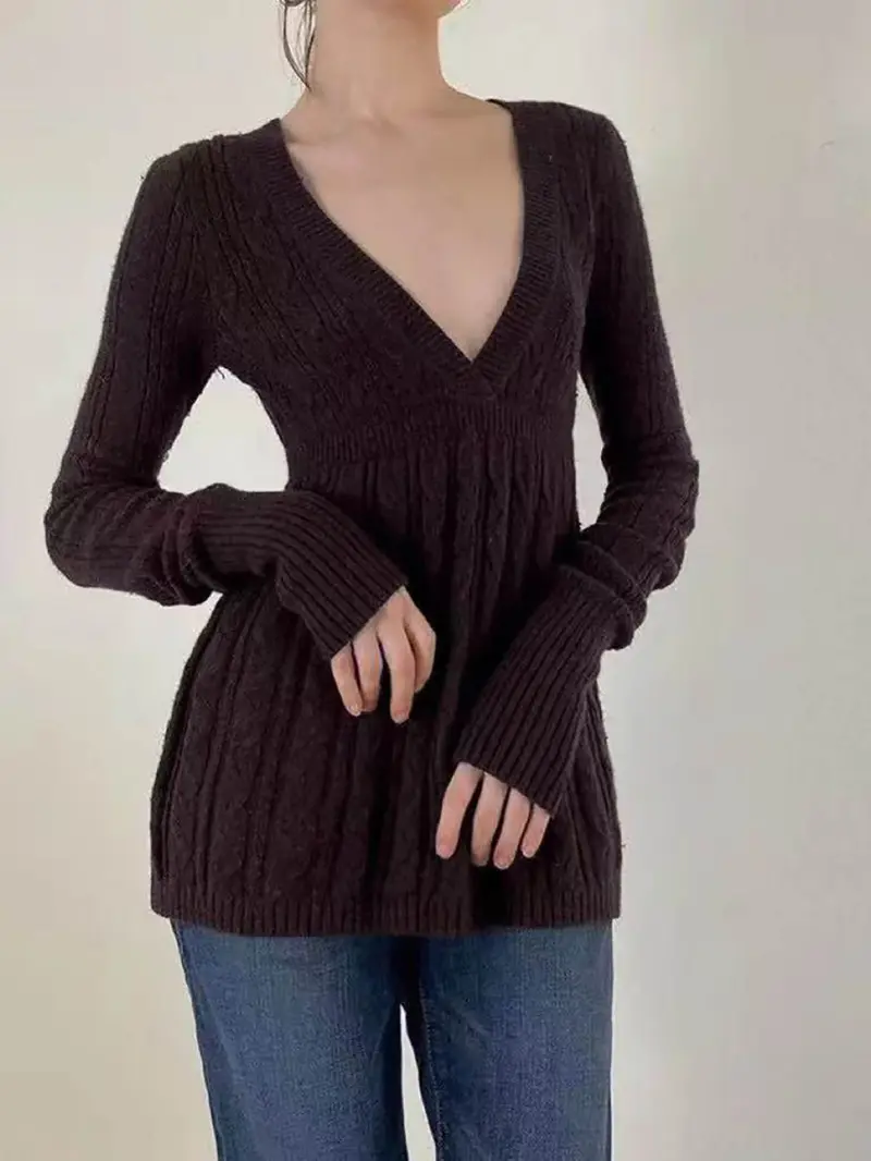 Women's Y2K Vintage Sweater, Soft Long Sleeve V-neck High Waist Knitwear for Women