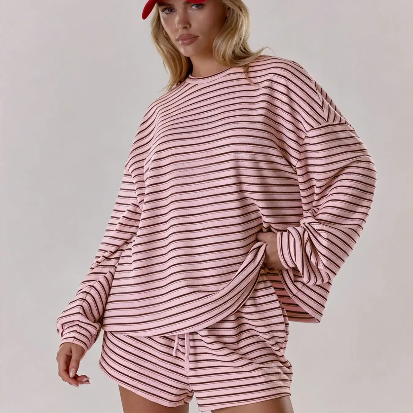 Women's Striped Lounge Set with Pocket Shorts