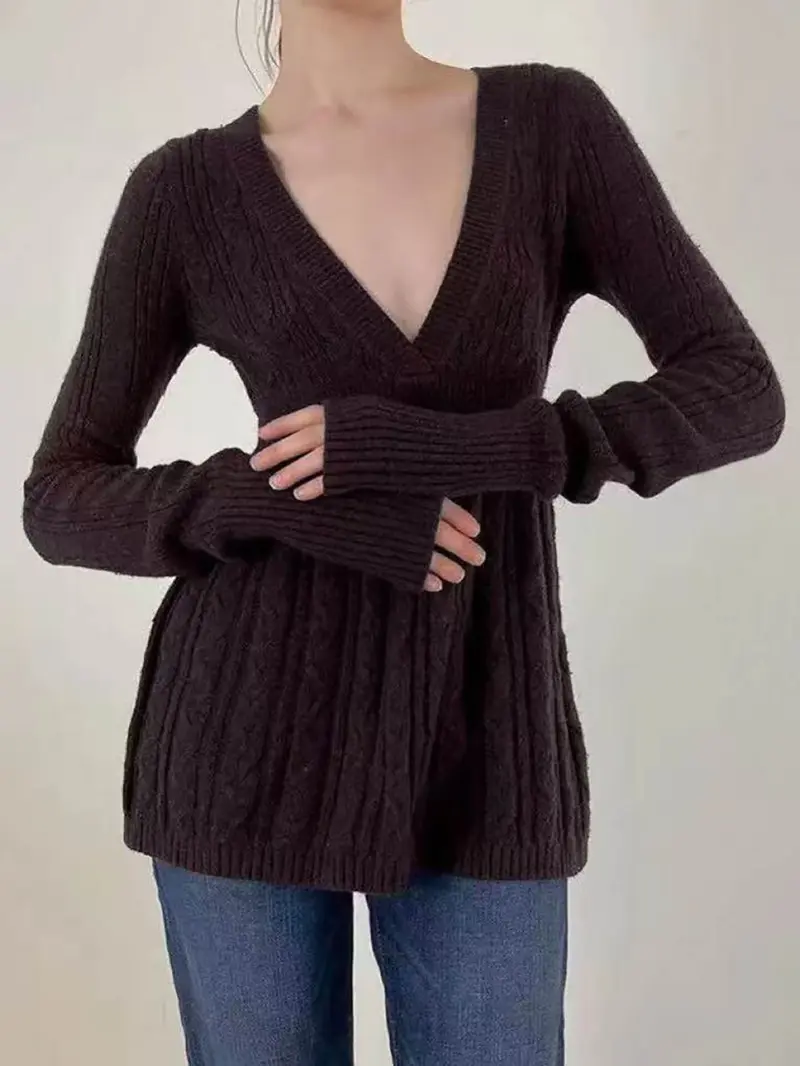 Women's Y2K Vintage Sweater, Soft Long Sleeve V-neck High Waist Knitwear for Women
