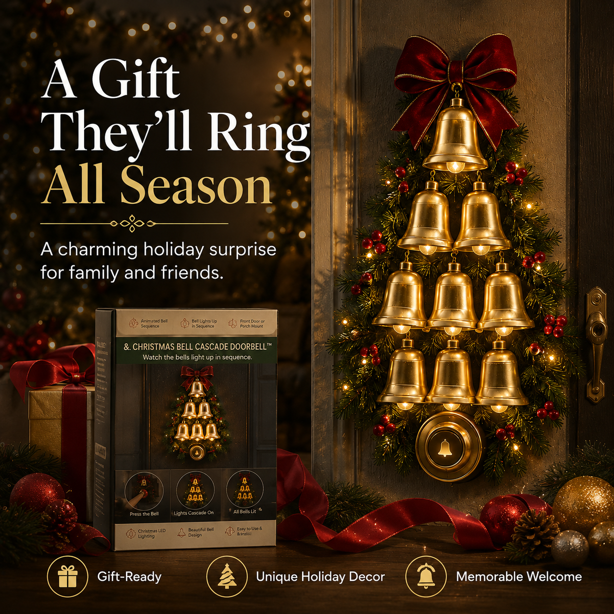 🔔 Christmas Bell Cascade Doorbell– Light-Up Holiday Chime Door Decor