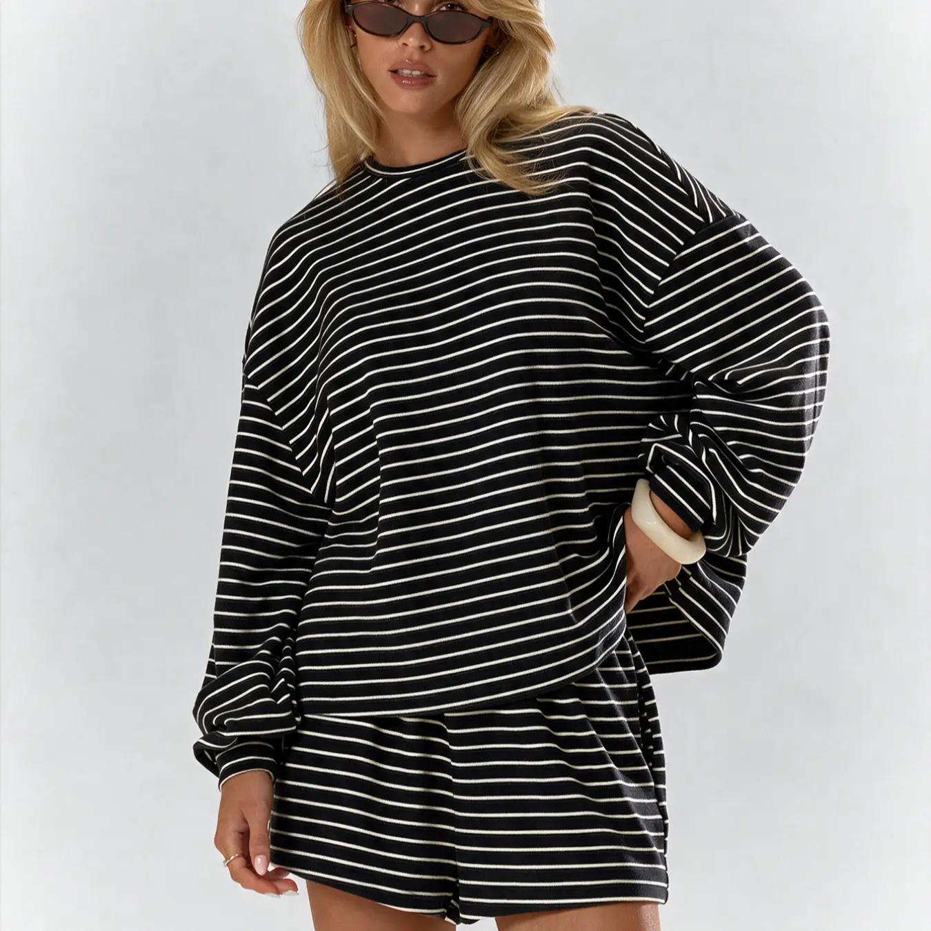 Women's Striped Lounge Set with Pocket Shorts