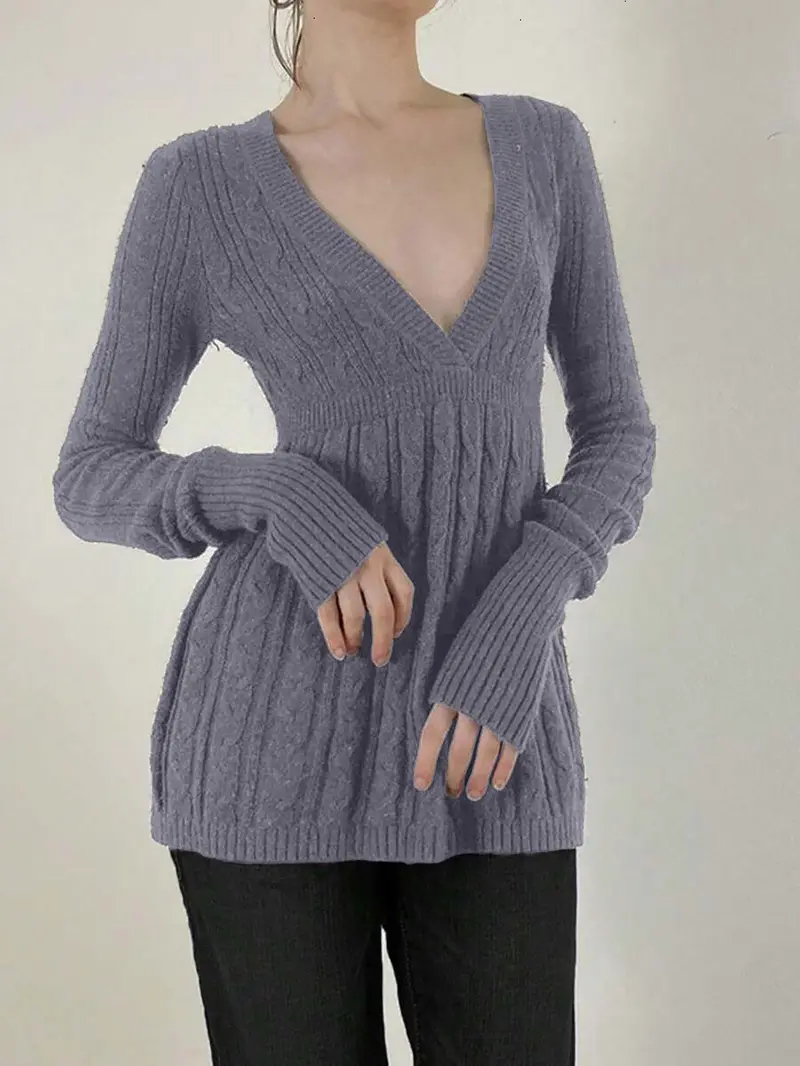 Women's Y2K Vintage Sweater, Soft Long Sleeve V-neck High Waist Knitwear for Women
