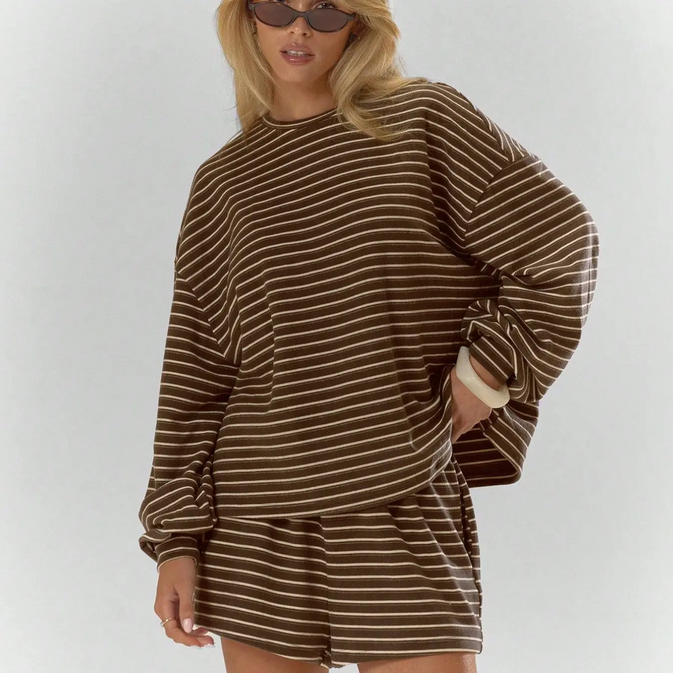 Women's Striped Lounge Set with Pocket Shorts