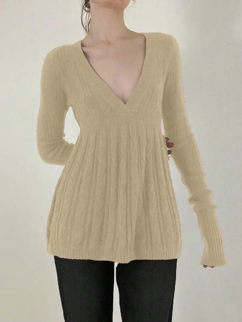 Women's Y2K Vintage Sweater, Soft Long Sleeve V-neck High Waist Knitwear for Women