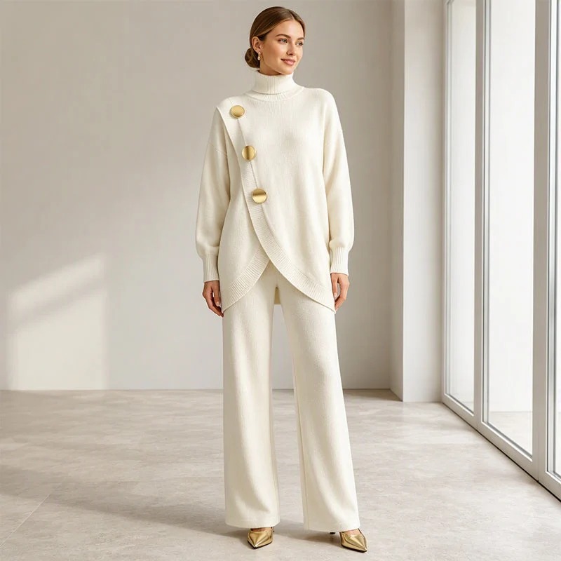 Women's Elegant High-Neck Top and Wide-Leg Pants Set