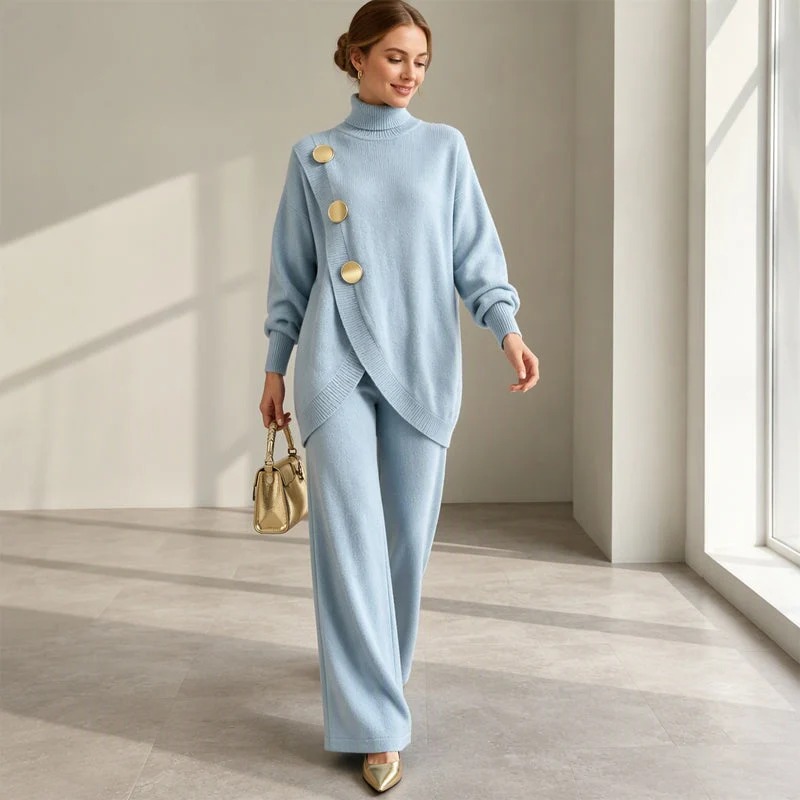 Women's Elegant High-Neck Top and Wide-Leg Pants Set