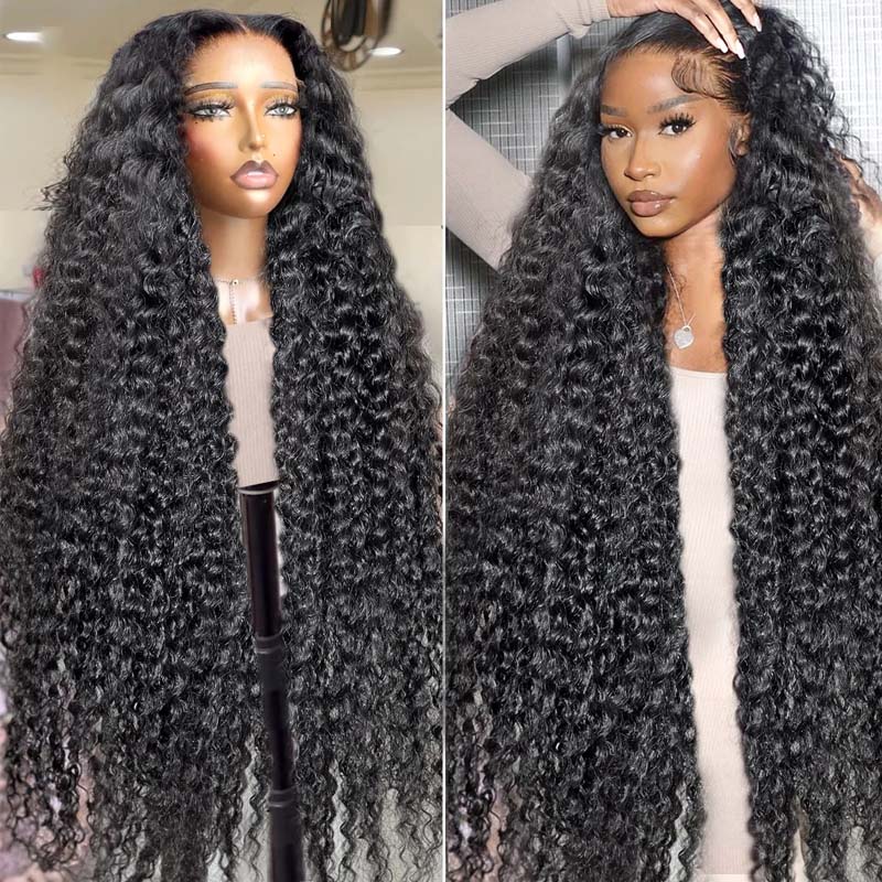 40-Inch Deep Wave Human Hair Wig in Natural Black, Worn By a Model and Displayed