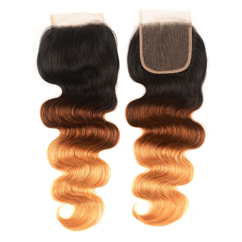 Ombre T1B/4/27 Lace Closure for Brazilian Body Wave Hair, Featuring Soft, Flowing Waves
