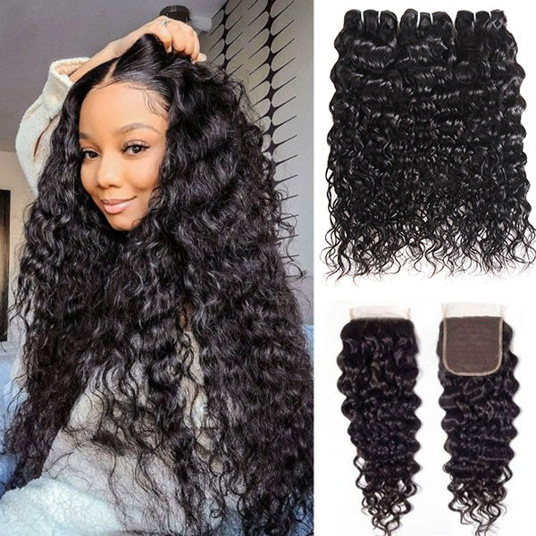 Woman with long Brazilian water wave hair extensions, displaying three bundles of water wave hair weave and a 5x5 lace closure. 100% human hair with luxurious shine and natural wave pattern.