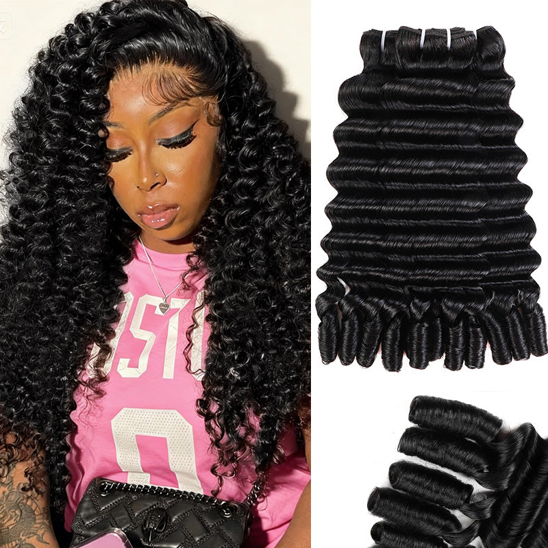 Woman With High 12a Grade Burmese Deep Curly Human Hair Bundles On A White Background