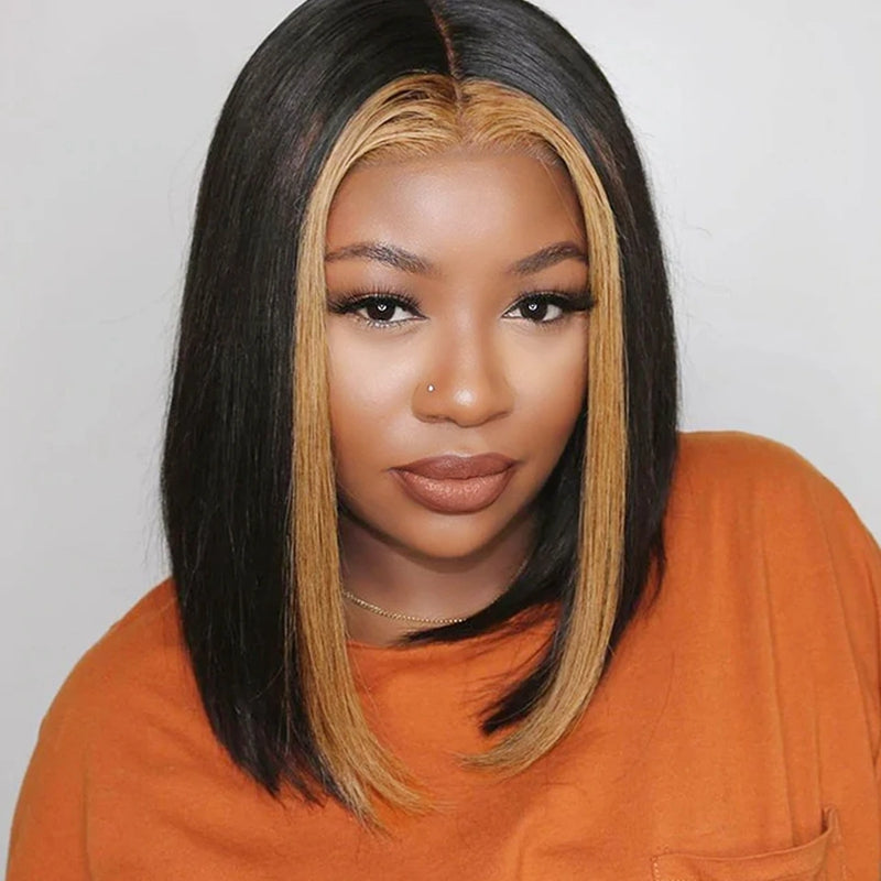 Mannequin showcasing Ishow Skunk Stripe 1B/27 Short Bob Wig with black and blonde highlights, parted in the center. High-quality human hair wig for a trendy look.