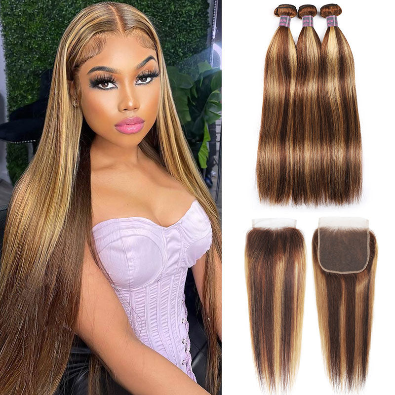 Three bundles of straight P4/27 honey blonde highlight human hair extensions laid out side by side.