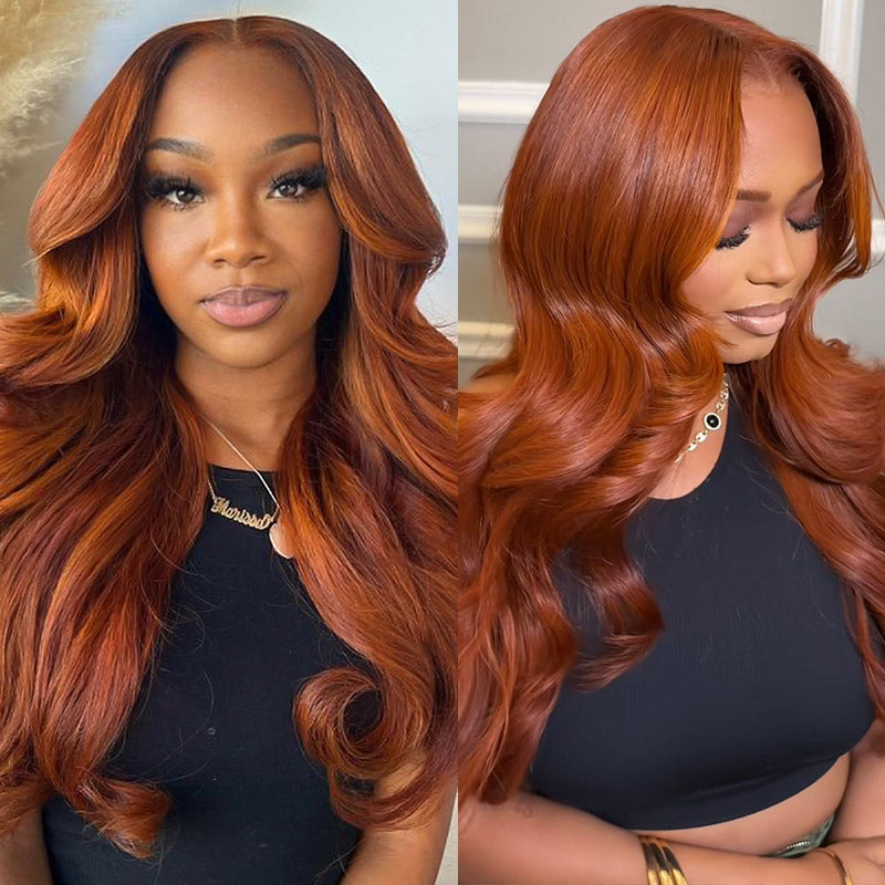 Woman with long dark copper ginger brown loose body wave hair wearing Ishow PPBåä? HD Lace Glueless Human Hair Wig, showing off a natural and seamless hairline.