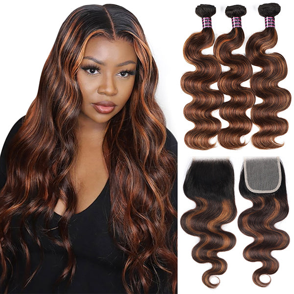 Model showcasing long body wave hair with T1b 4/30 balayage highlights, representing Ishow Brazilian human hair bundles and lace closure, indoors