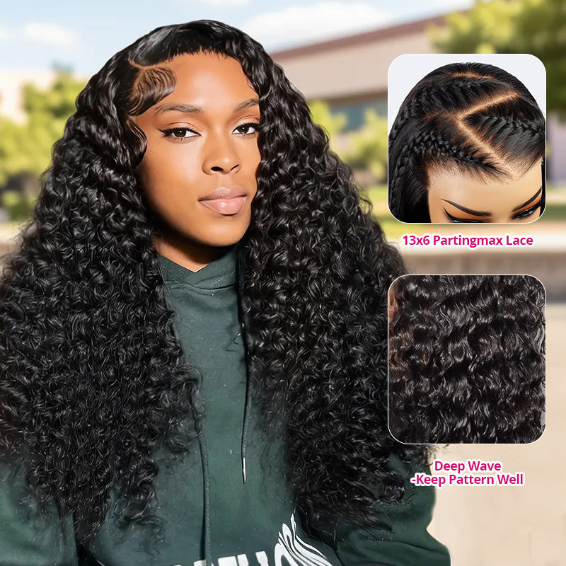 Black Woman With Deep Wave Human Hair Wigs Wearing A Green Hoodie, With Close-Up Insets Of Hair Details.