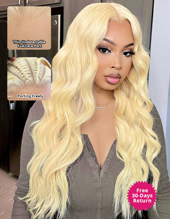 Woman wearing a honey blonde full lace wig with body waves and pre-plucked hairline, showcasing natural curls and sleek HD transparent lace front against a soft blue background.