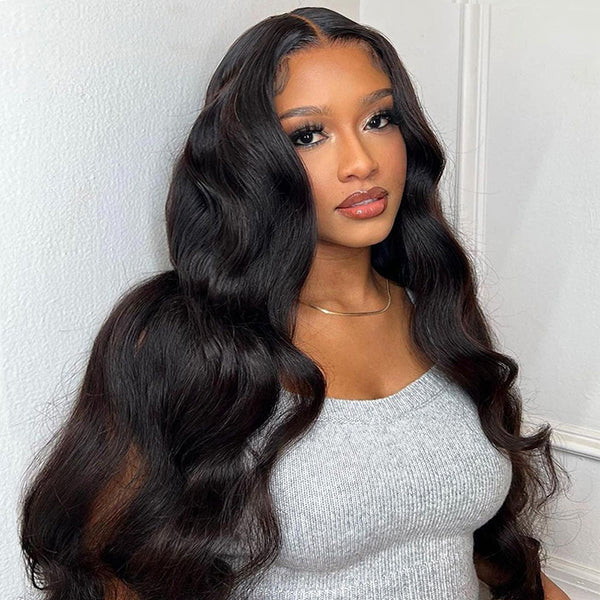 Woman wearing Ishow Beauty PPB™ Invisible Knots HD Lace Straight Wig in natural black, showing center part and long, straight hair