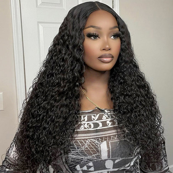 Model Showcasing Long Black Deep Wave HD Lace Wig With Natural Texture