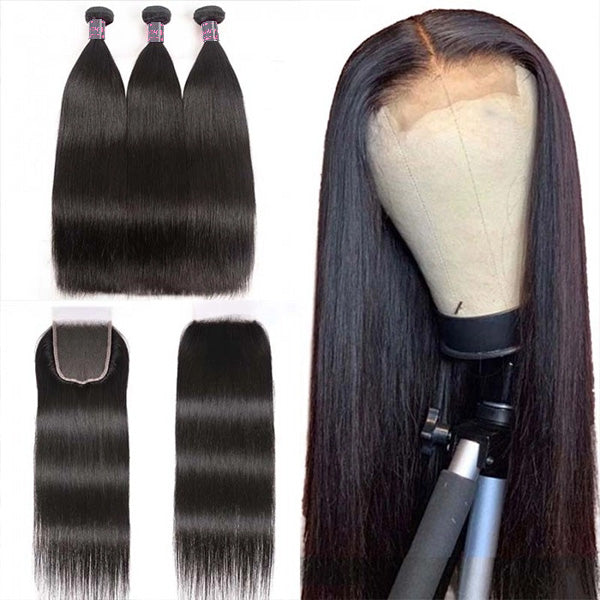 3 Bundles of Brazilian Straight Hair and 5X5 Lace Closure On a Wig Stand