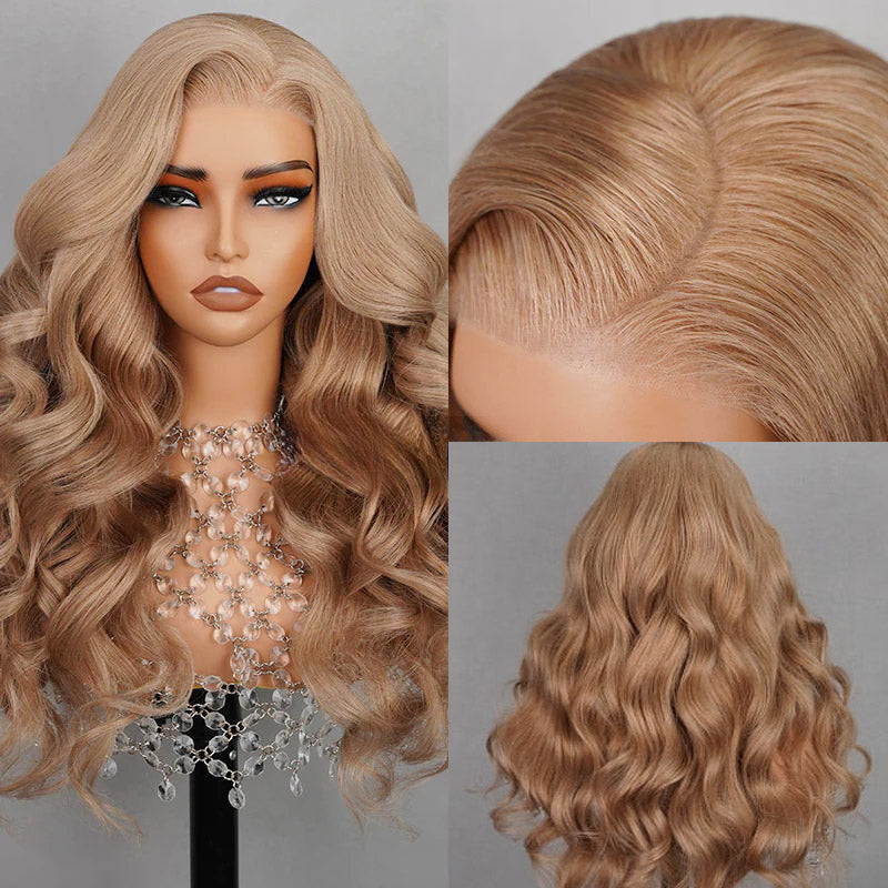 Light Flaxen Brown Body Wave Wig With a Realistic Hairline Displayed On a Mannequin