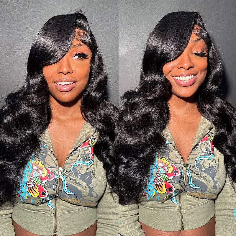 Woman showcasing long, voluminous, wavy black hair styled with body wave texture. 