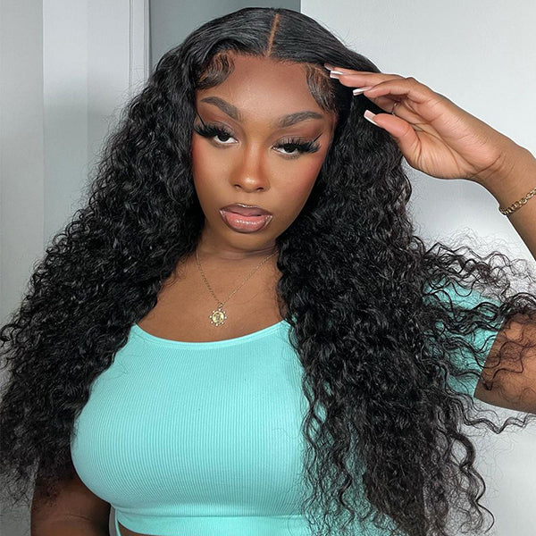 Model Showcasing Long Curly HD Lace Wig in Mint Green Top With Natural Hairline