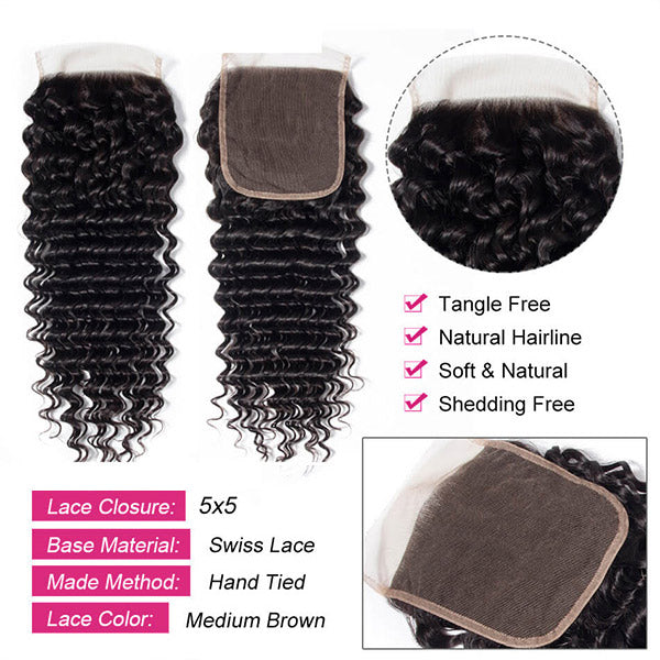 5X5 Lace Closure With Deep Wave Texture, Showcasing Soft Curls and Natural Hairline