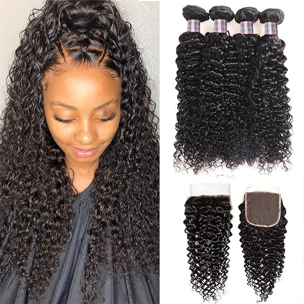 Two women showcasing Ishow Hair Jerry Curly Peruvian Human Hair with 5x5 Lace Closure. One in a red top, the other in a light-colored top, both display long, voluminous, natural black curly hair.