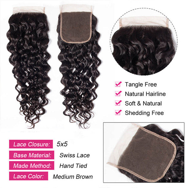5X5 Lace Closure Brazilian Water Wave Hair With Soft Curls, Natural Black Color