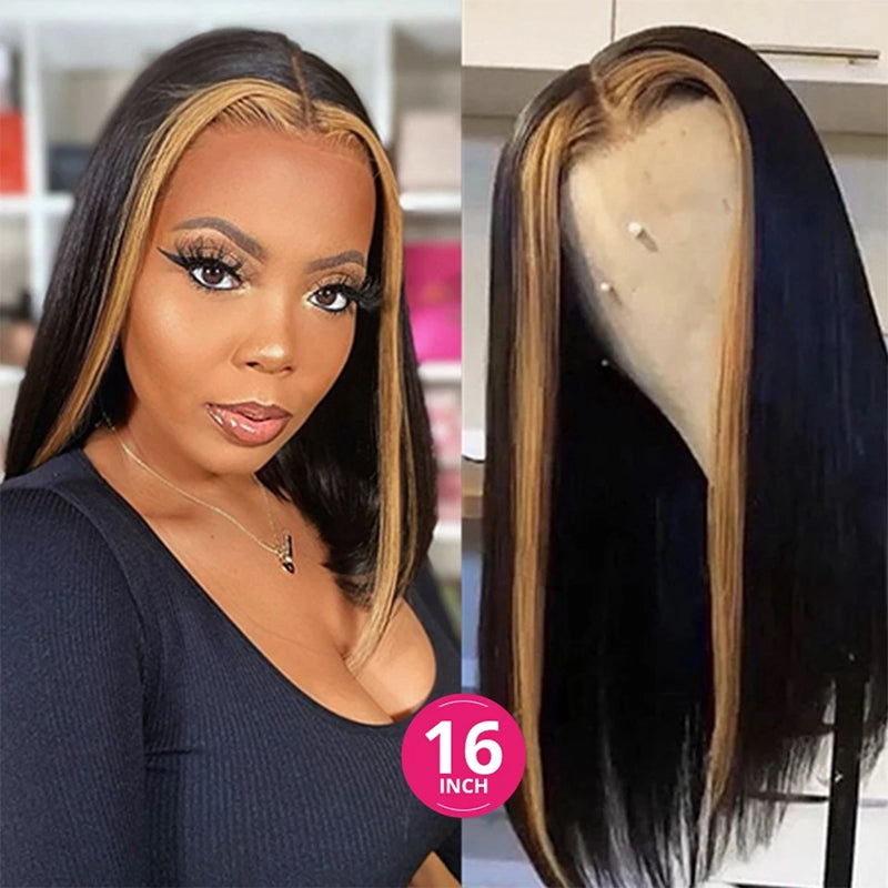 Ishow Skunk Stripe 1B/27 Straight Short Bob Wig 16 Inch With Black and Blonde Highlights