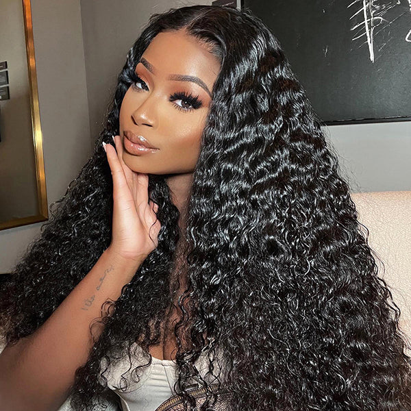 Woman showing HD Lace Glueless Deep Wave Human Hair Wig