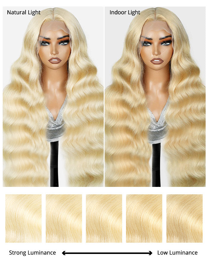 613 Honey Blonde Body Wave Wig Displayed Under Natural and Indoor Lighting
