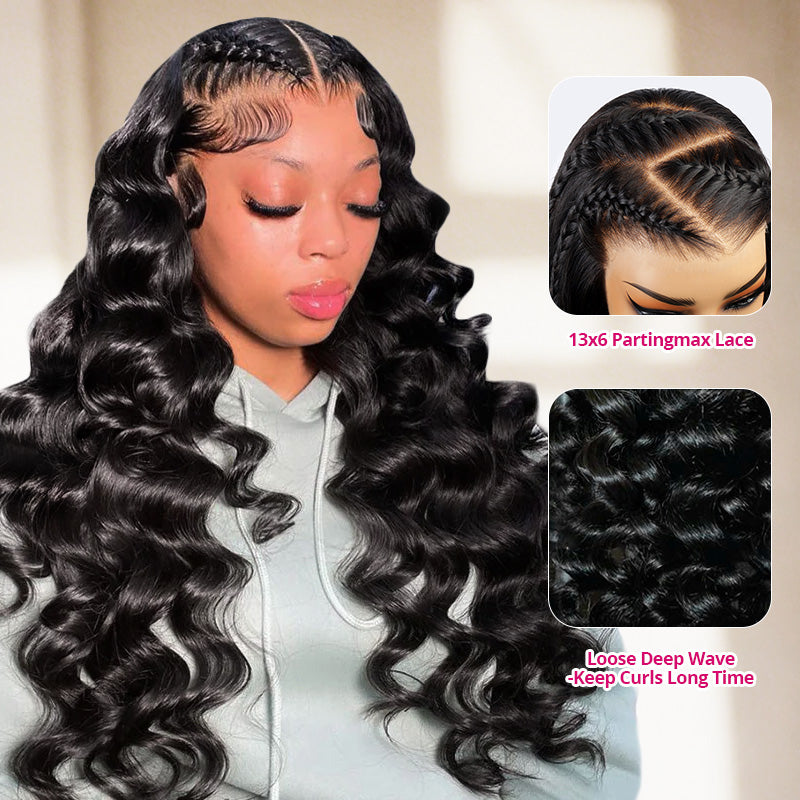 Woman With Loose Deep Wave Wig, Close-Up Of Hair Wig And Product Details On A Light Background
