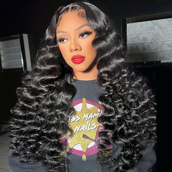 Woman showing Ishow Invisible Knots HD Lace Glueless Human Hair Wig with loose deep wave texture 