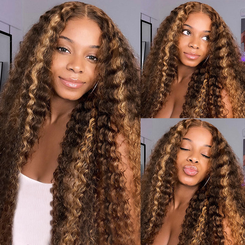 Woman wearing Ishow Honey Blonde Highlights Water Wave Wig with P4/27 color combination showcased in a side part with voluminous curls. 