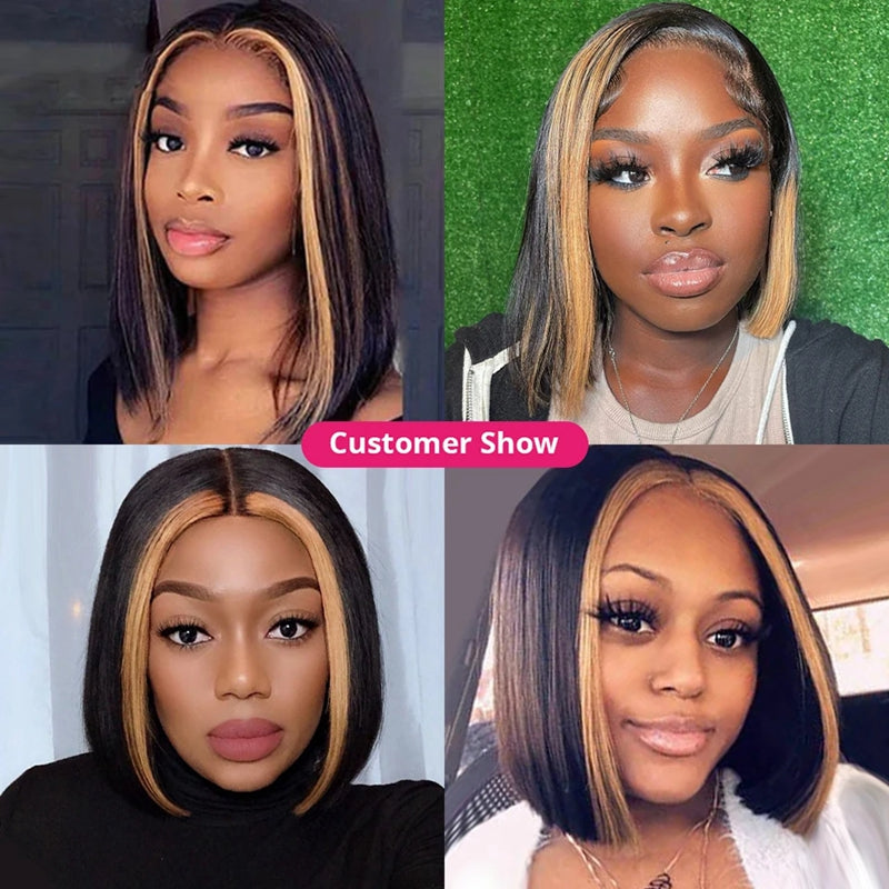 Customer Showcase of Ishow Skunk Stripe 1B/27 Straight Short Bob Wigs On Models