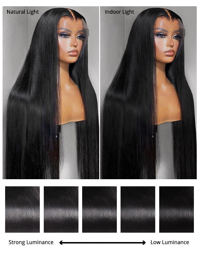 Black Straight Wig On Mannequin, Showing Shine Under Natural and Indoor Lighting