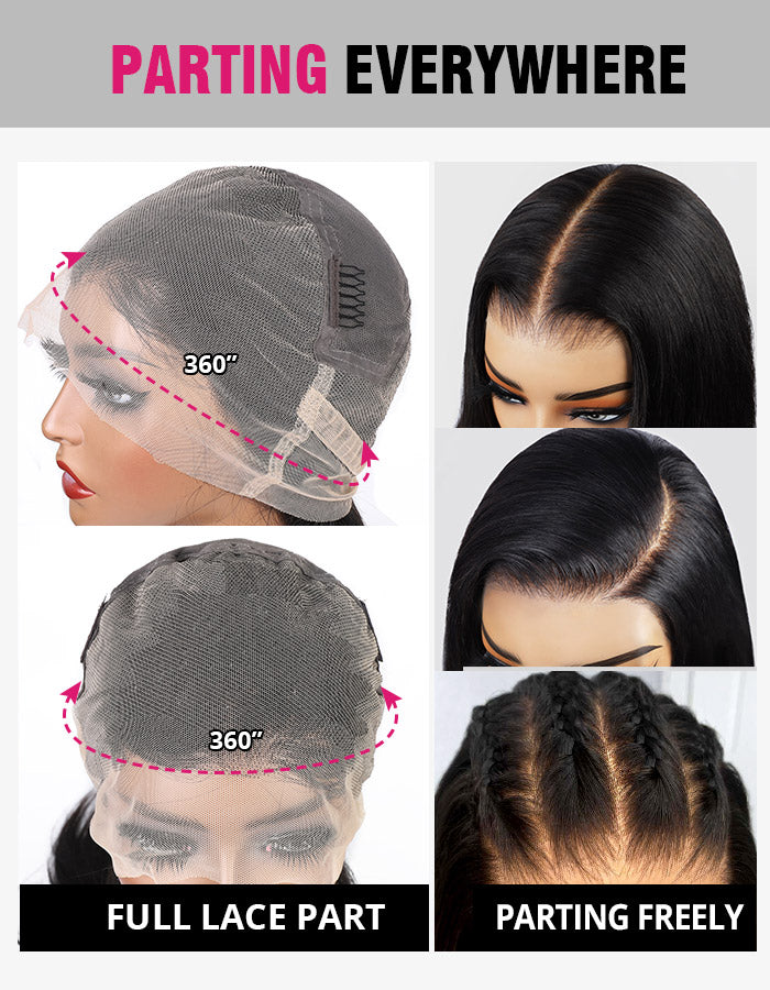 360-Degree View of Full Lace Cap Wig Showing Parting Options and Pre-Plucked Hairline