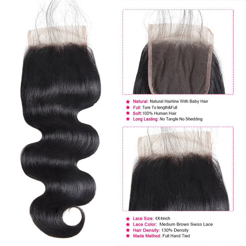 4X4 Lace Closure With Baby Hair, Body Wave, 100% Human Hair