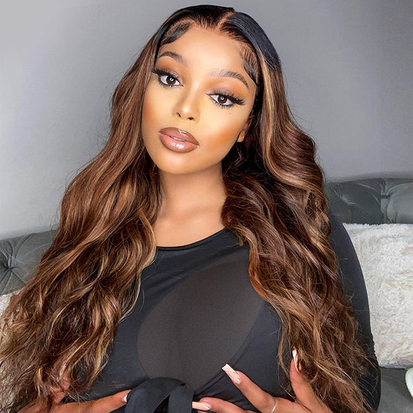 Model With Long Body Wave Hair Styled in T1B 4/30 Balayage Highlights