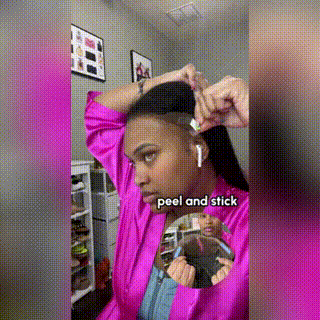 Woman Applying Invisible Hair Wig Tape, Showcasing Peel and Stick Method