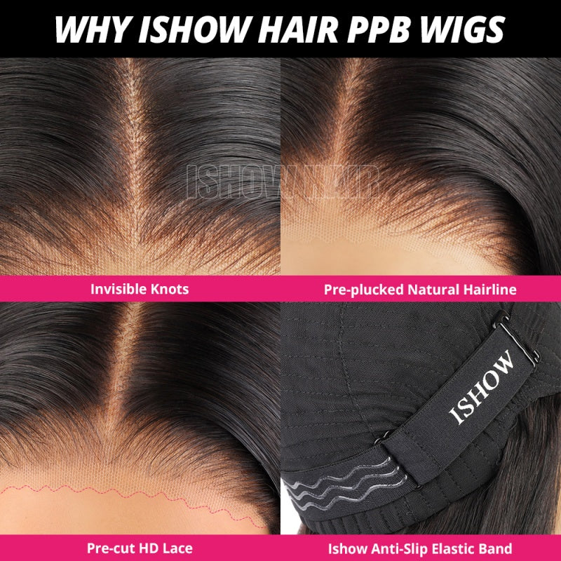 Close-Up of Ishow Hair PPB Wig Features: Invisible Knots, Pre-Plucked Hairline, HD Lace