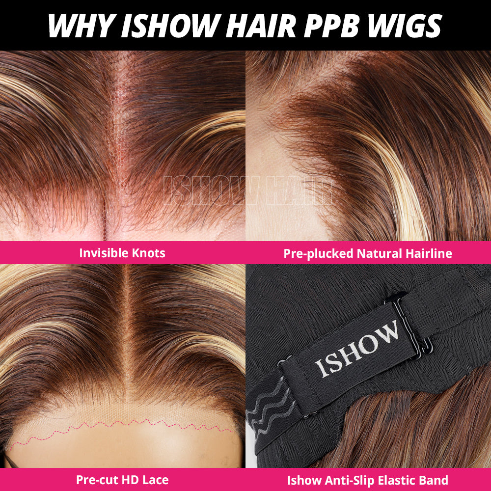 Collage of Ishow Hair PPB Wig Features: Invisible Knots, Pre-Cut Lace, Natural Hairline
