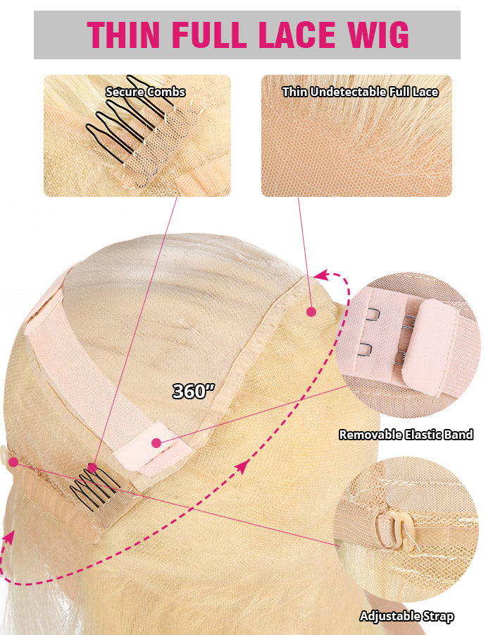 360 Full Lace Wig Detail With Secure Combs and Adjustable Straps for Customizable Fit